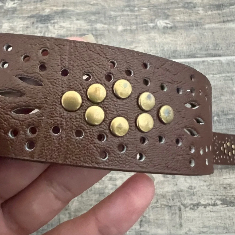 Amiee Lynn Brown Leather Studded Laser Cut‎ Belt Brass Buckle ML